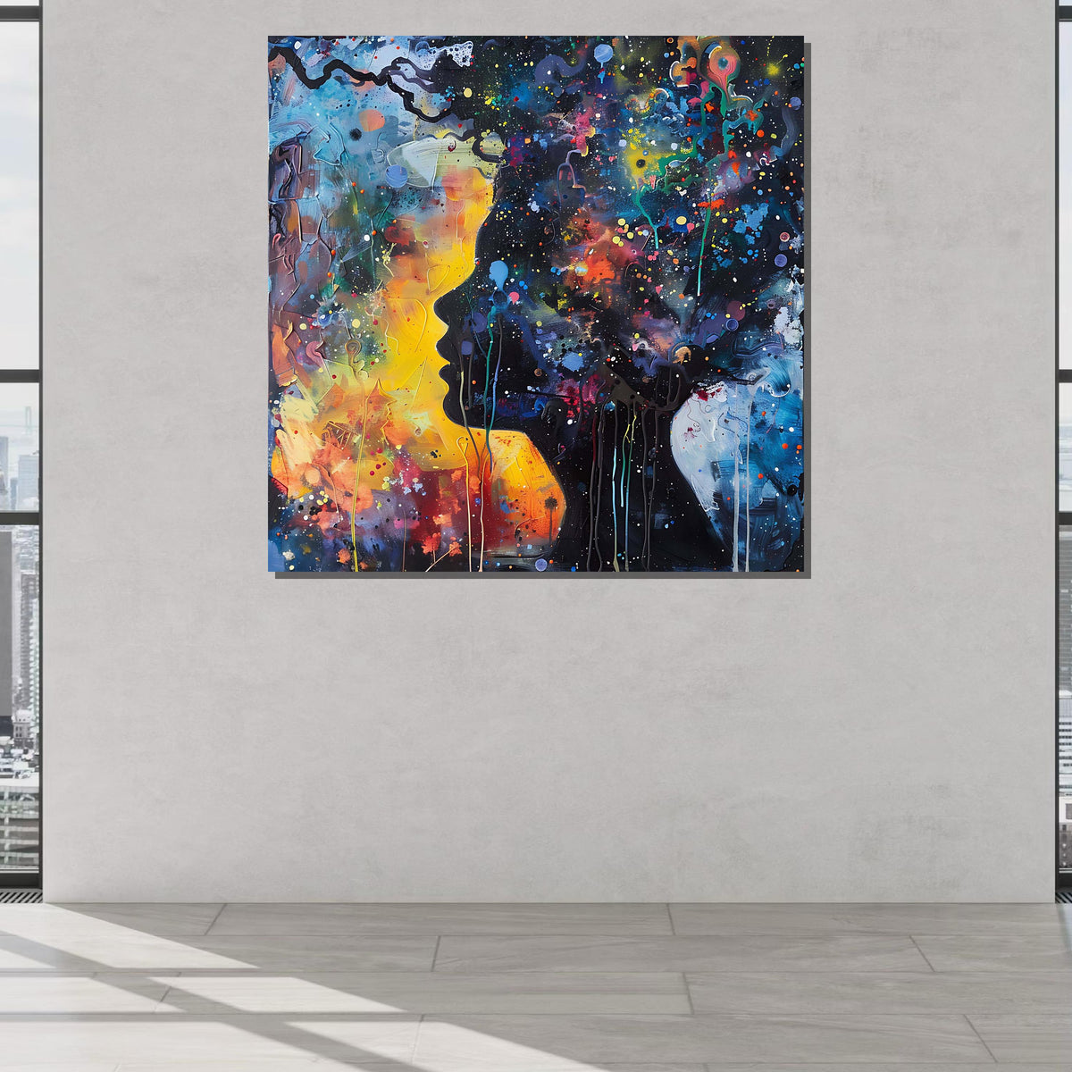 Cosmic Dreamscape Portrait, Abstract Universe Silhouette Art, Colorful Space-Inspired Wall Art, Psychedelic Galaxy Canvas