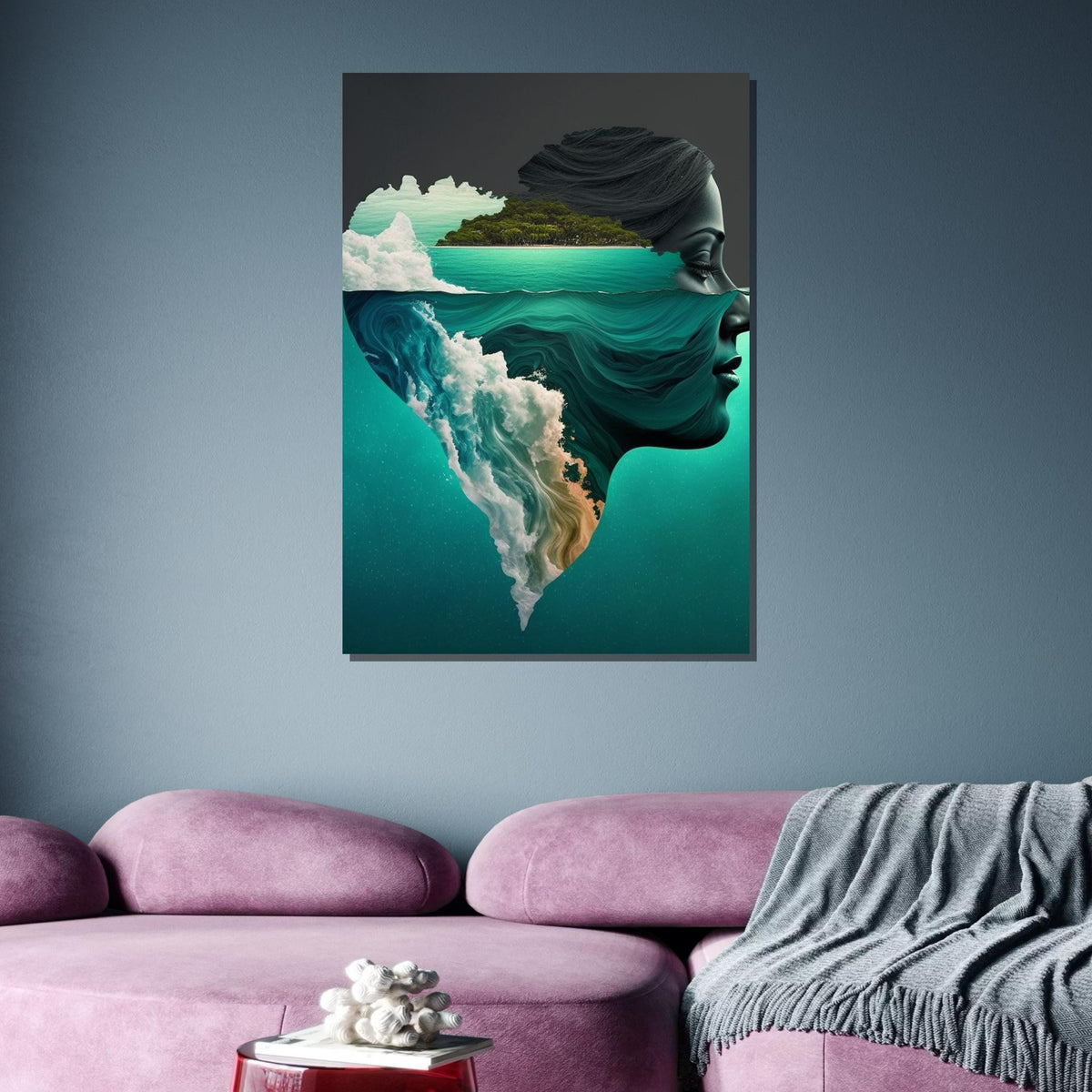 Oceanic Mindscape Art, Dreamy Ocean Portrait, Surreal Face & Nature Fusion, Island Dreams Wall Art, Woman Wall Canvas, Large Wall Art