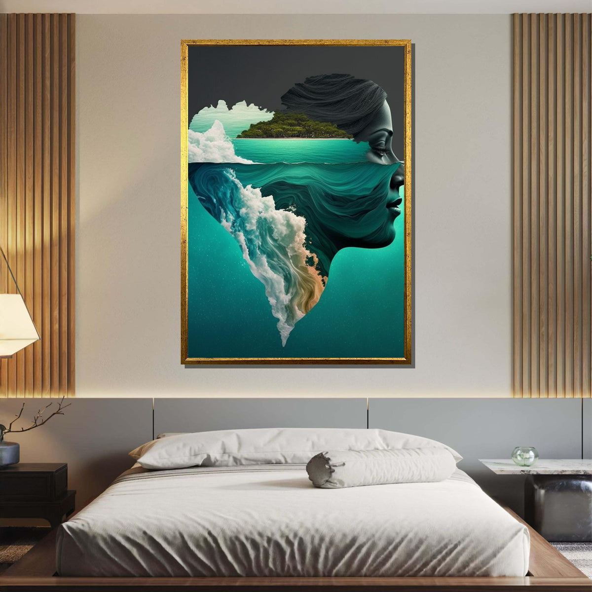 Oceanic Mindscape Art, Dreamy Ocean Portrait, Surreal Face & Nature Fusion, Island Dreams Wall Art, Woman Wall Canvas, Large Wall Art