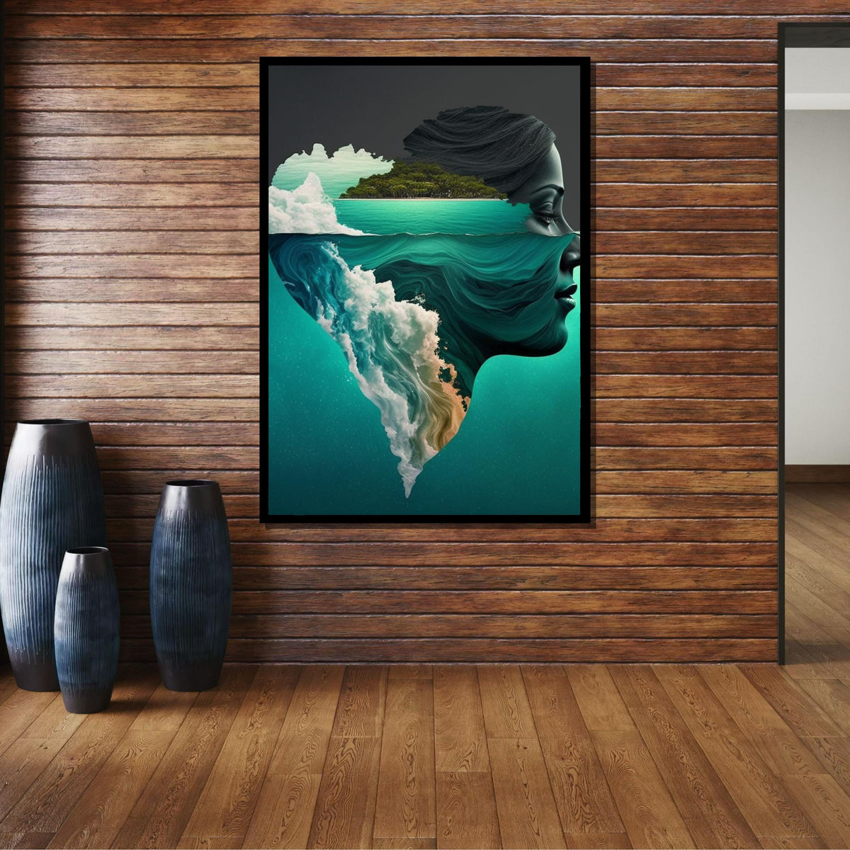 Oceanic Mindscape Art, Dreamy Ocean Portrait, Surreal Face & Nature Fusion, Island Dreams Wall Art, Woman Wall Canvas, Large Wall Art