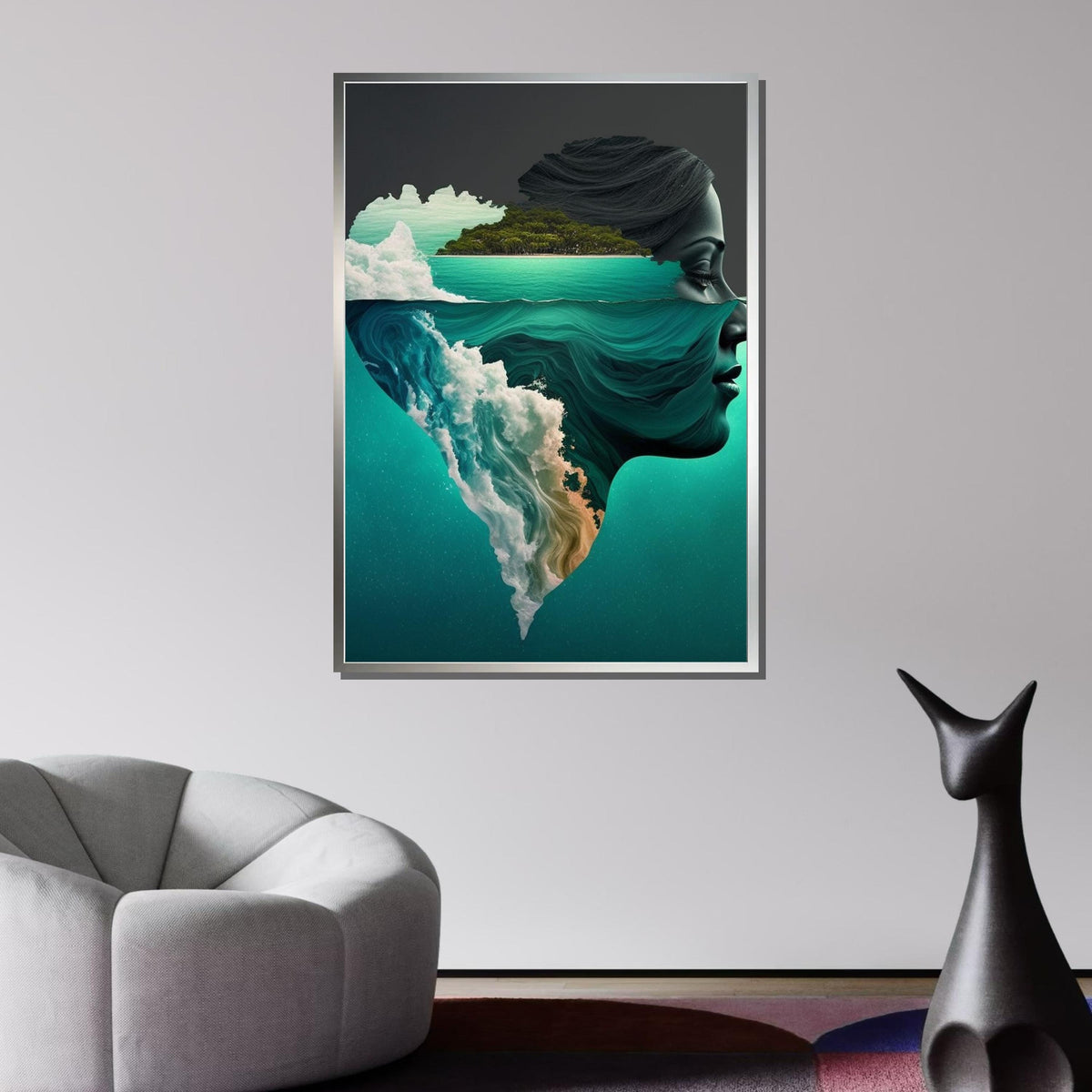 Oceanic Mindscape Art, Dreamy Ocean Portrait, Surreal Face & Nature Fusion, Island Dreams Wall Art, Woman Wall Canvas, Large Wall Art