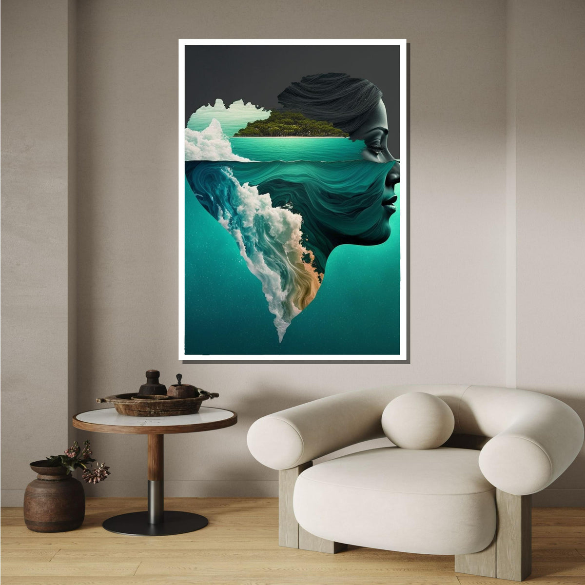 Oceanic Mindscape Art, Dreamy Ocean Portrait, Surreal Face & Nature Fusion, Island Dreams Wall Art, Woman Wall Canvas, Large Wall Art