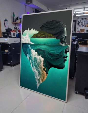 Oceanic Mindscape Art, Dreamy Ocean Portrait, Surreal Face & Nature Fusion, Island Dreams Wall Art, Woman Wall Canvas, Large Wall Art