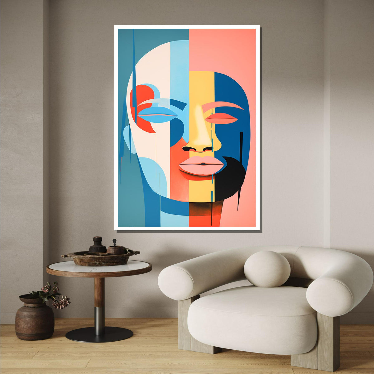 Modern Abstract Face Art, Color Block Portrait, Minimalist Geometric Canvas, Contemporary Wall Art, Large Wall Art