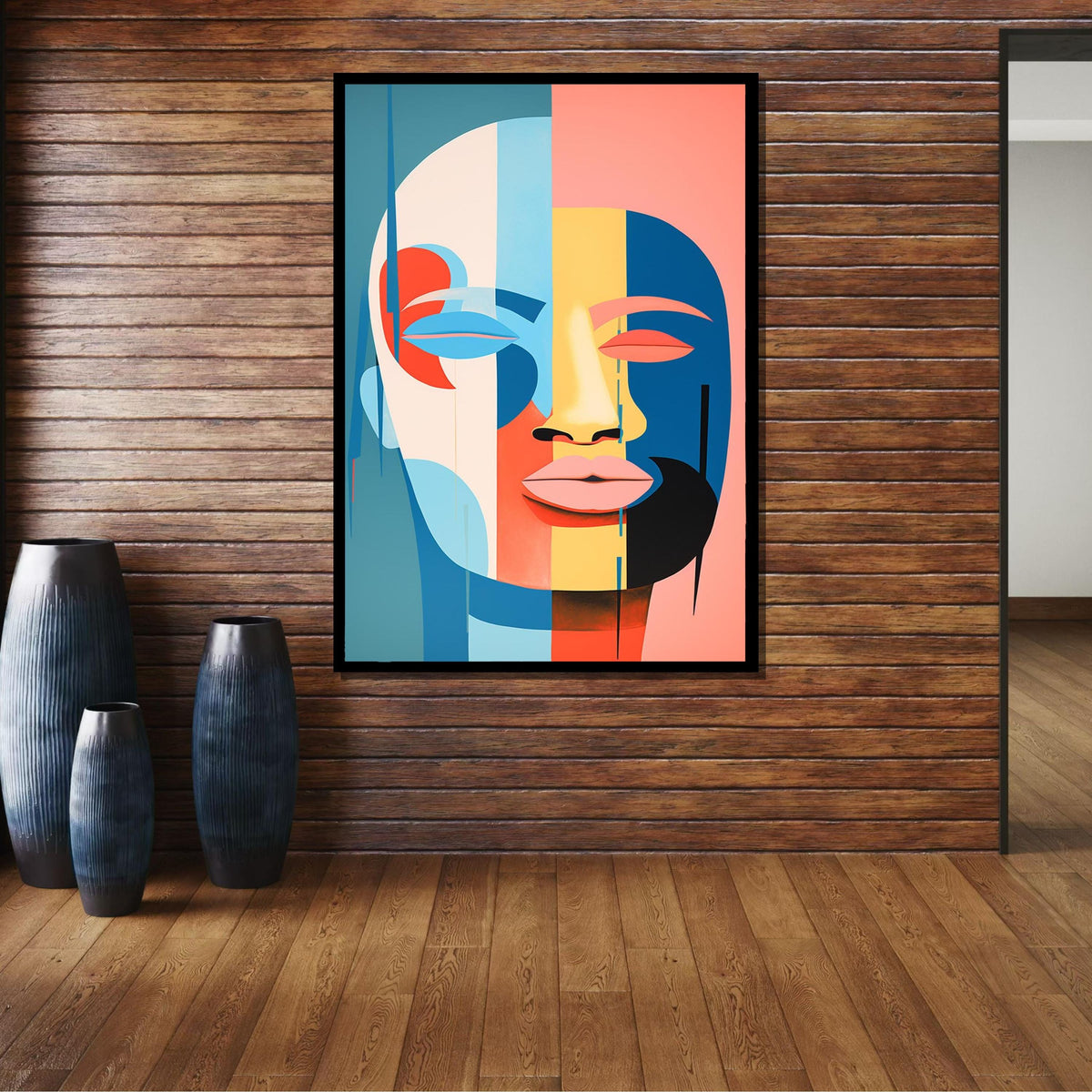 Modern Abstract Face Art, Color Block Portrait, Minimalist Geometric Canvas, Contemporary Wall Art, Large Wall Art