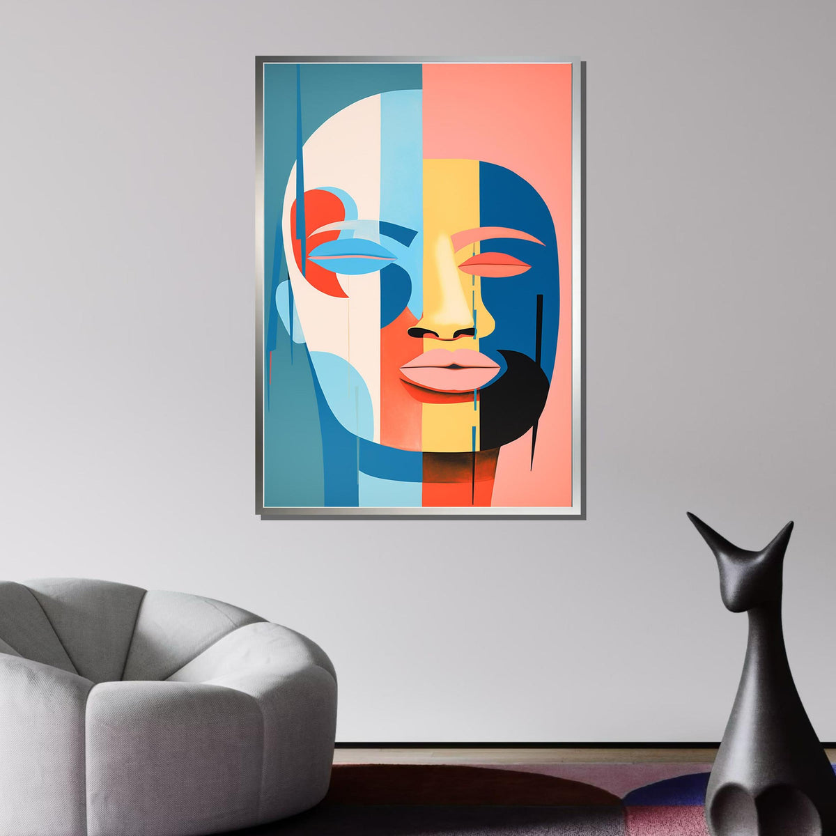 Modern Abstract Face Art, Color Block Portrait, Minimalist Geometric Canvas, Contemporary Wall Art, Large Wall Art