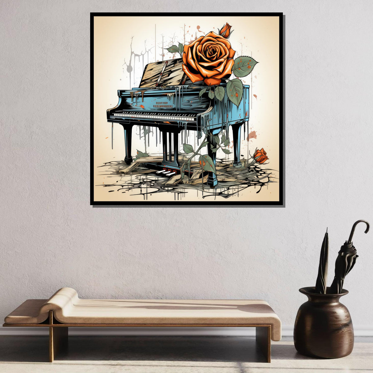 Vintage Piano Rose Art, Surreal Piano Canvas, Abstract Flower and Piano Print, Dripping Paint Art, Ready to Hang Wall Decor,Music Wall Decor