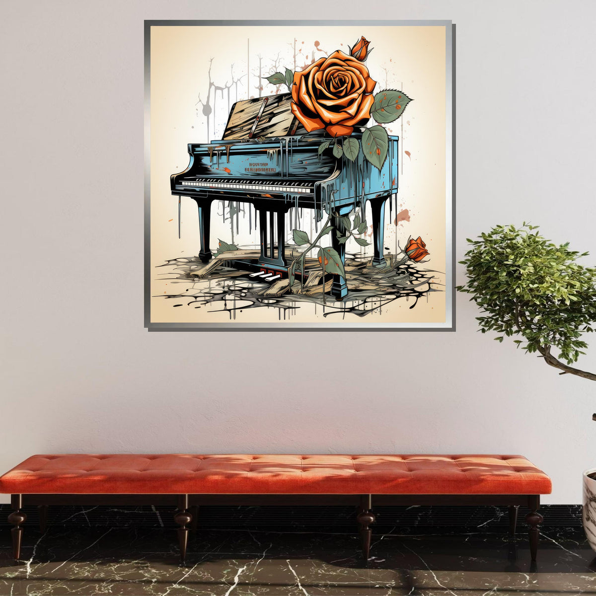 Vintage Piano Rose Art, Surreal Piano Canvas, Abstract Flower and Piano Print, Dripping Paint Art, Ready to Hang Wall Decor,Music Wall Decor