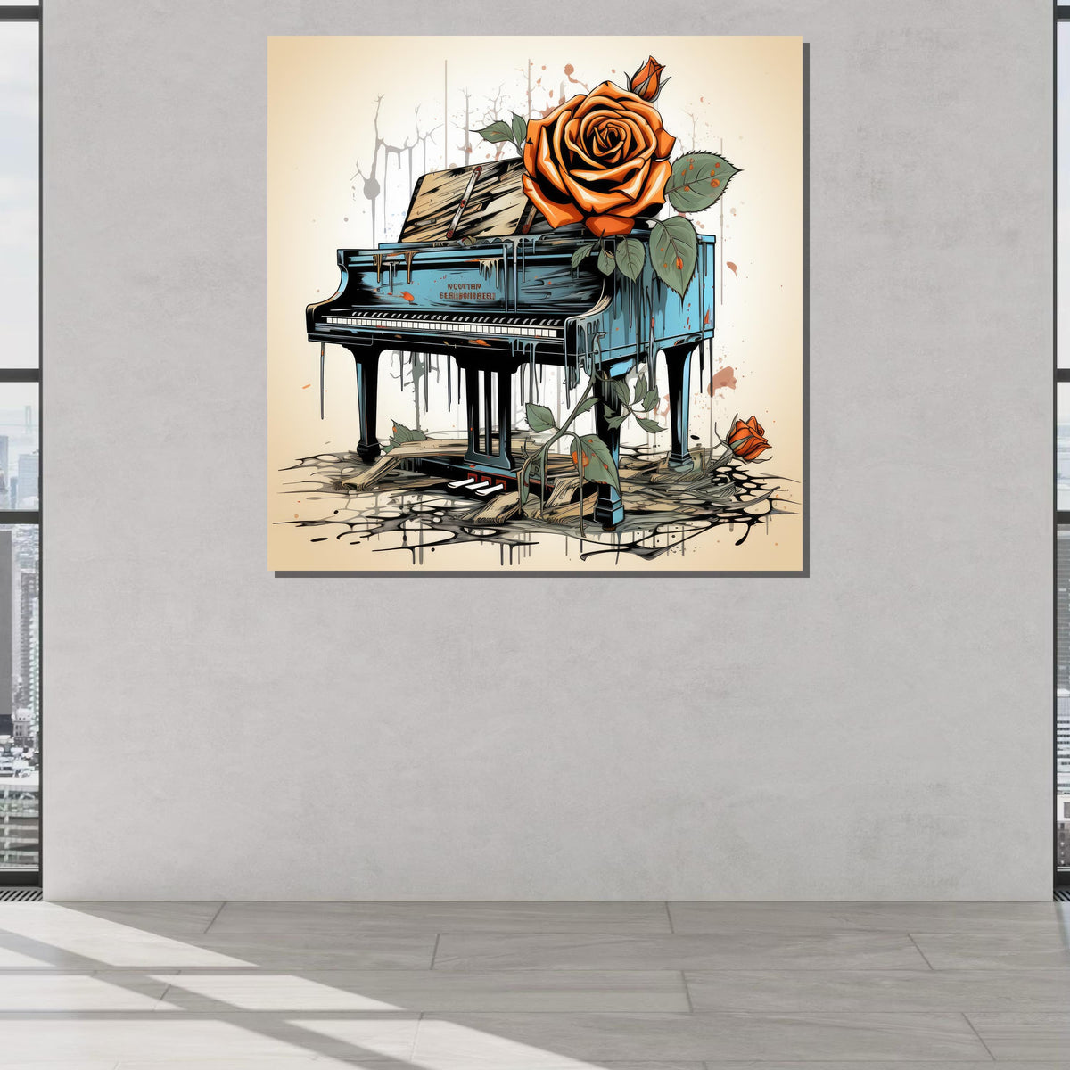 Vintage Piano Rose Art, Surreal Piano Canvas, Abstract Flower and Piano Print, Dripping Paint Art, Ready to Hang Wall Decor,Music Wall Decor