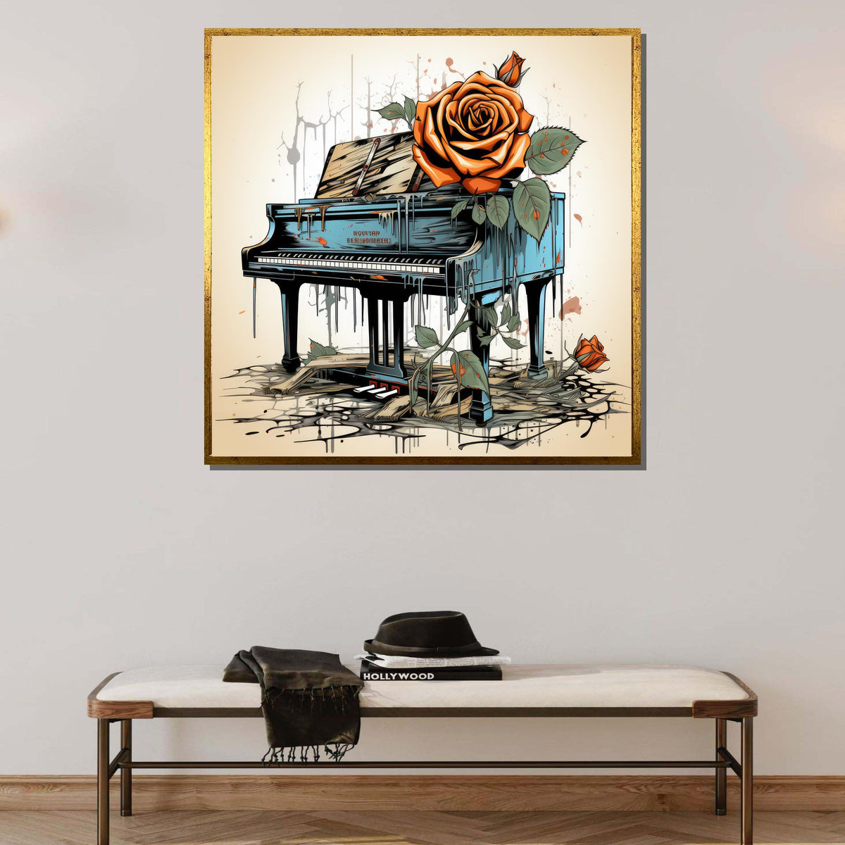 Vintage Piano Rose Art, Surreal Piano Canvas, Abstract Flower and Piano Print, Dripping Paint Art, Ready to Hang Wall Decor,Music Wall Decor