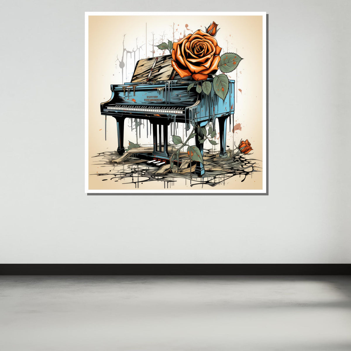 Vintage Piano Rose Art, Surreal Piano Canvas, Abstract Flower and Piano Print, Dripping Paint Art, Ready to Hang Wall Decor,Music Wall Decor