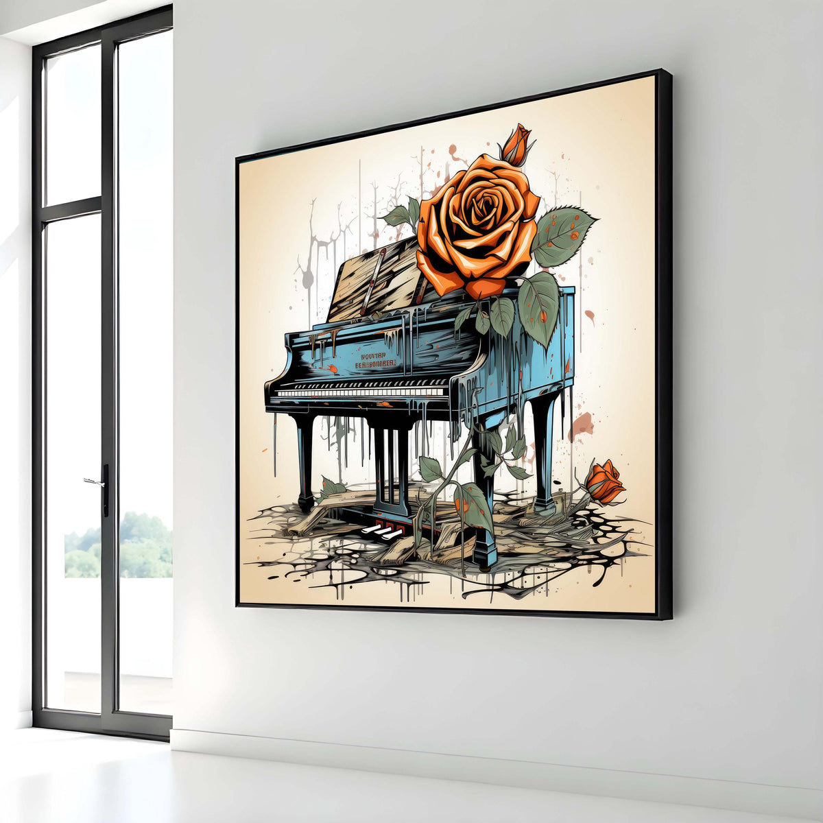 Vintage Piano Rose Art, Surreal Piano Canvas, Abstract Flower and Piano Print, Dripping Paint Art, Ready to Hang Wall Decor,Music Wall Decor