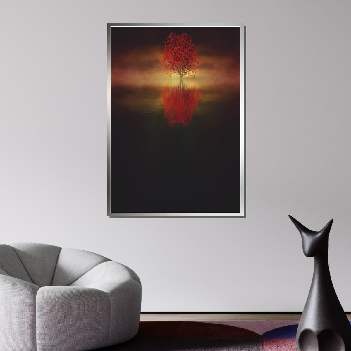 Solitary Red Tree Canvas, Misty Tree Reflection Art, Tranquil Landscape Print, Minimalist Nature Wall Decor, Ready to Hang Decor
