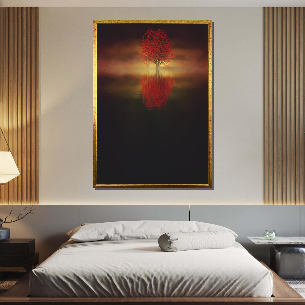 Solitary Red Tree Canvas, Misty Tree Reflection Art, Tranquil Landscape Print, Minimalist Nature Wall Decor, Ready to Hang Decor