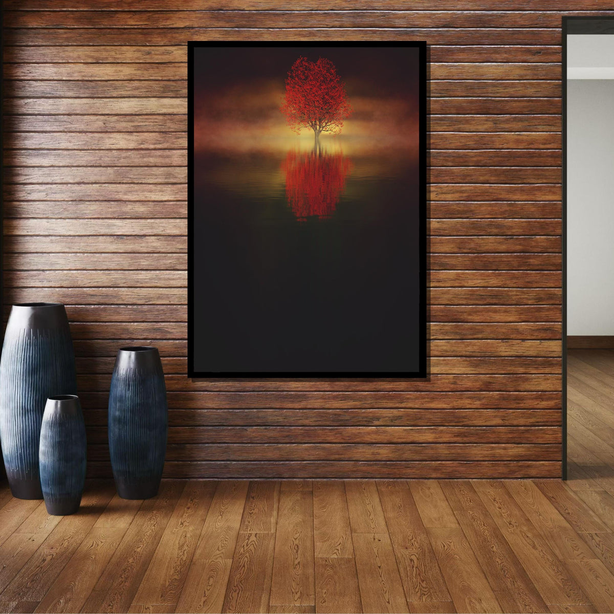 Solitary Red Tree Canvas, Misty Tree Reflection Art, Tranquil Landscape Print, Minimalist Nature Wall Decor, Ready to Hang Decor