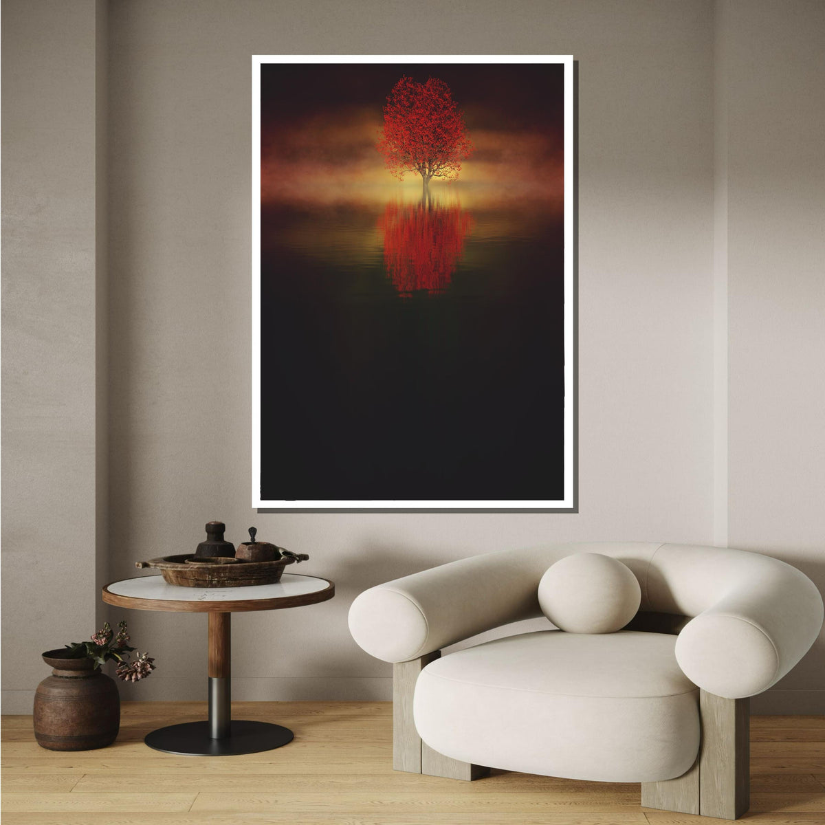 Solitary Red Tree Canvas, Misty Tree Reflection Art, Tranquil Landscape Print, Minimalist Nature Wall Decor, Ready to Hang Decor