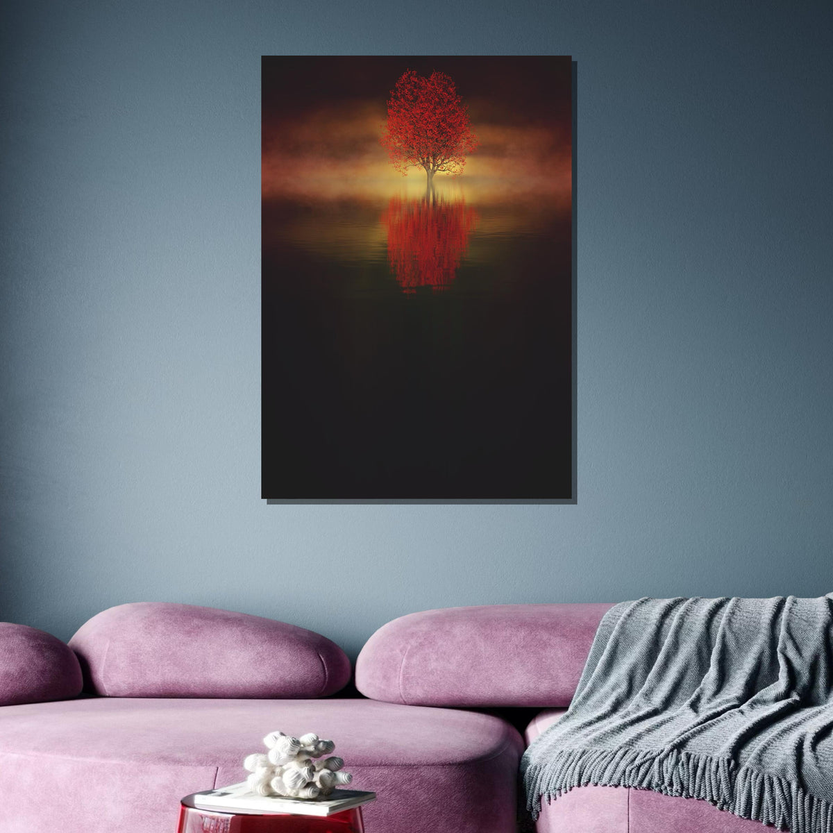 Solitary Red Tree Canvas, Misty Tree Reflection Art, Tranquil Landscape Print, Minimalist Nature Wall Decor, Ready to Hang Decor
