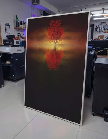 Solitary Red Tree Canvas, Misty Tree Reflection Art, Tranquil Landscape Print, Minimalist Nature Wall Decor, Ready to Hang Decor