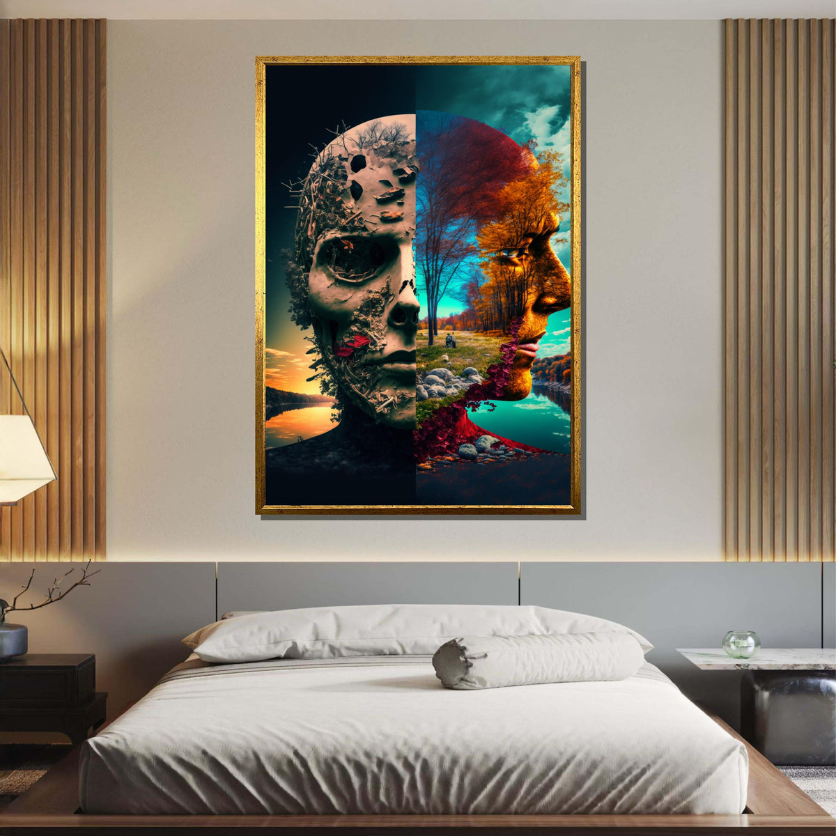 Dual Nature Skull Art, Surreal Life and Death Canvas, Abstract Face Landscape Print, Unique Skull Wall Decor, Ready to Hang Art,Large Art