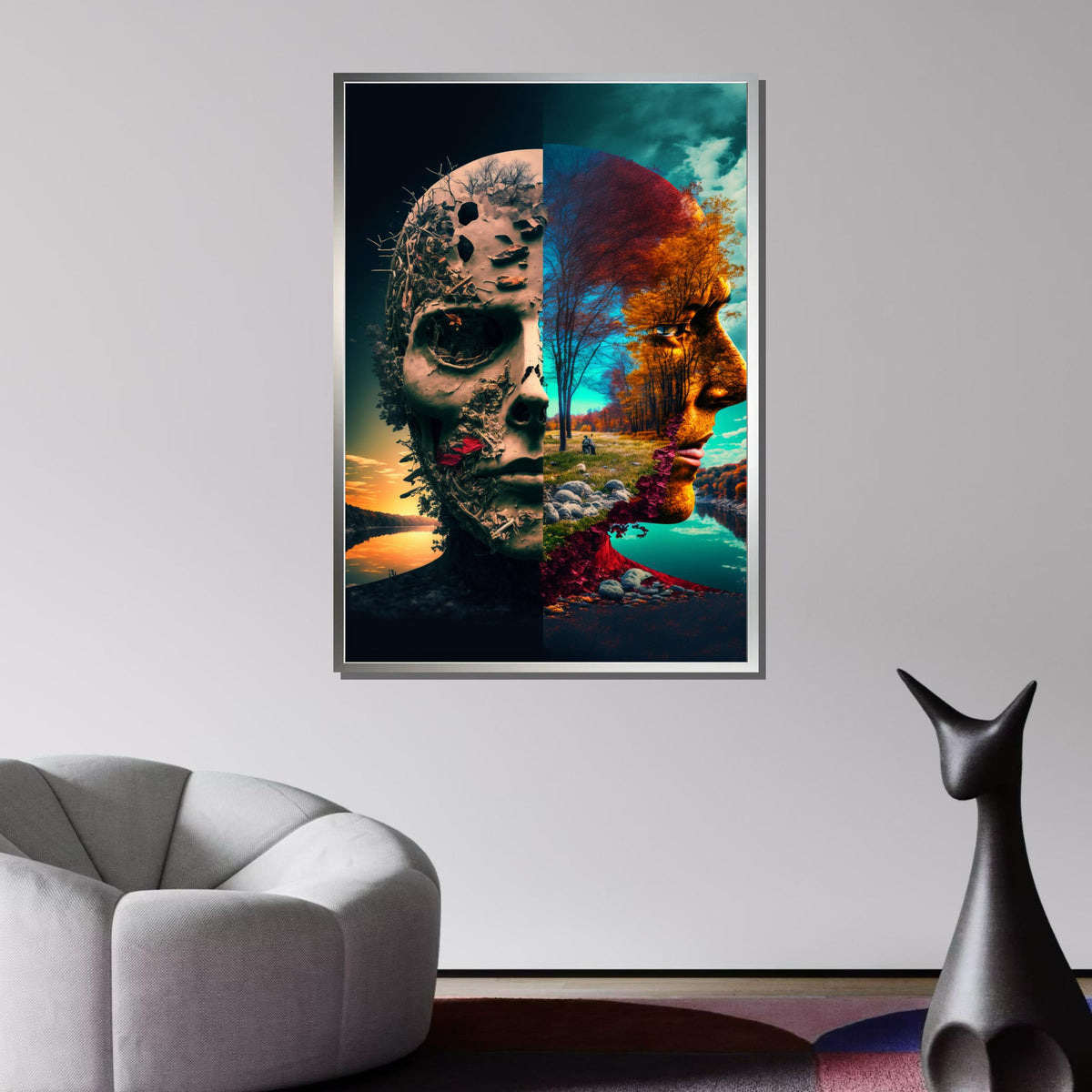 Dual Nature Skull Art, Surreal Life and Death Canvas, Abstract Face Landscape Print, Unique Skull Wall Decor, Ready to Hang Art,Large Art