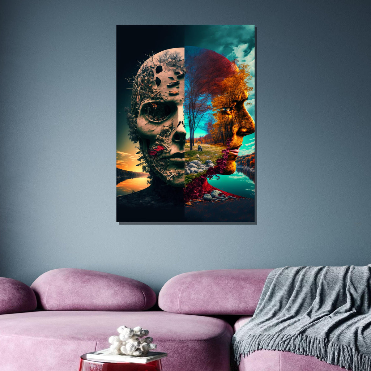 Dual Nature Skull Art, Surreal Life and Death Canvas, Abstract Face Landscape Print, Unique Skull Wall Decor, Ready to Hang Art,Large Art