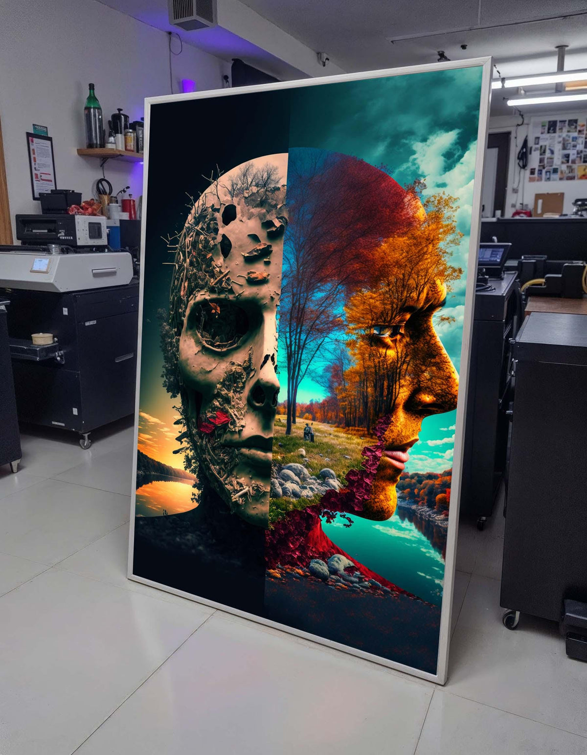 Dual Nature Skull Art, Surreal Life and Death Canvas, Abstract Face Landscape Print, Unique Skull Wall Decor, Ready to Hang Art,Large Art