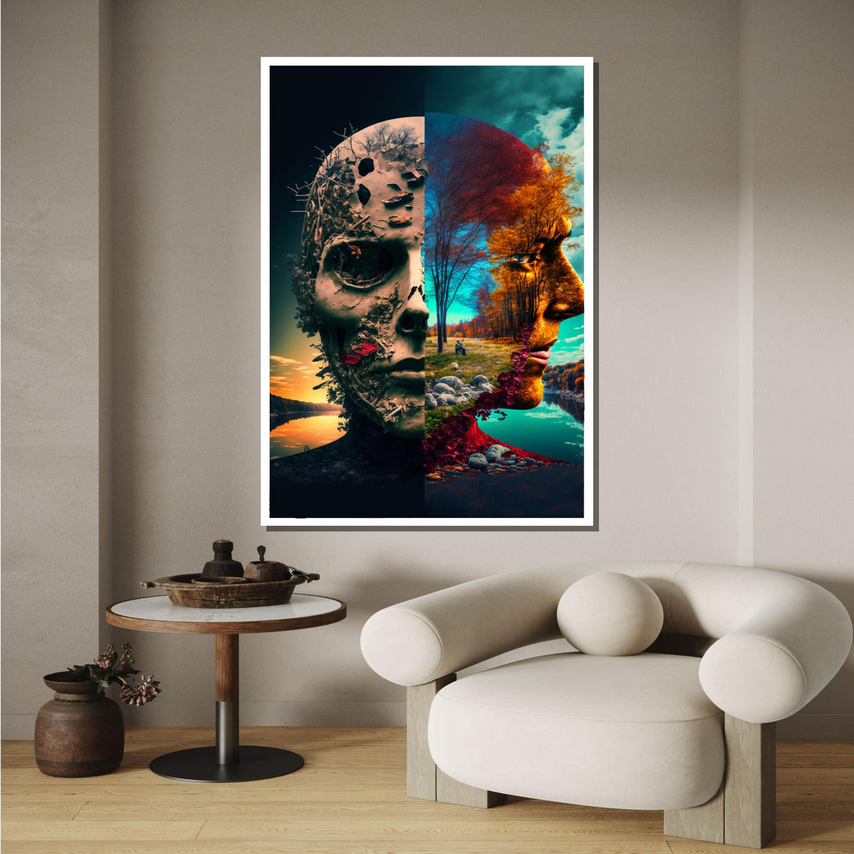 Dual Nature Skull Art, Surreal Life and Death Canvas, Abstract Face Landscape Print, Unique Skull Wall Decor, Ready to Hang Art,Large Art