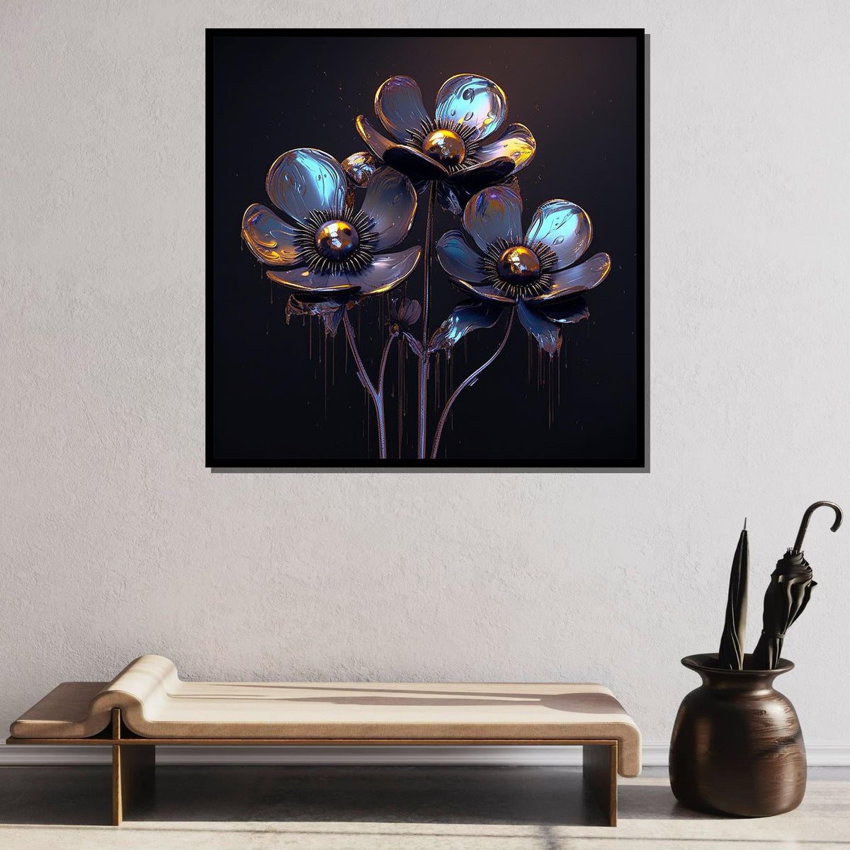 Bloom Art, Futuristic Floral Canvas, Blue and Gold Flower Art Print, Industrial Flower Wall Decor, Ready to Hang, Floral Print