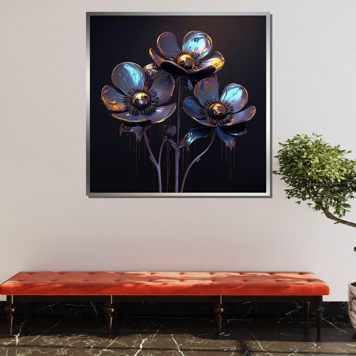 Bloom Art, Futuristic Floral Canvas, Blue and Gold Flower Art Print, Industrial Flower Wall Decor, Ready to Hang, Floral Print