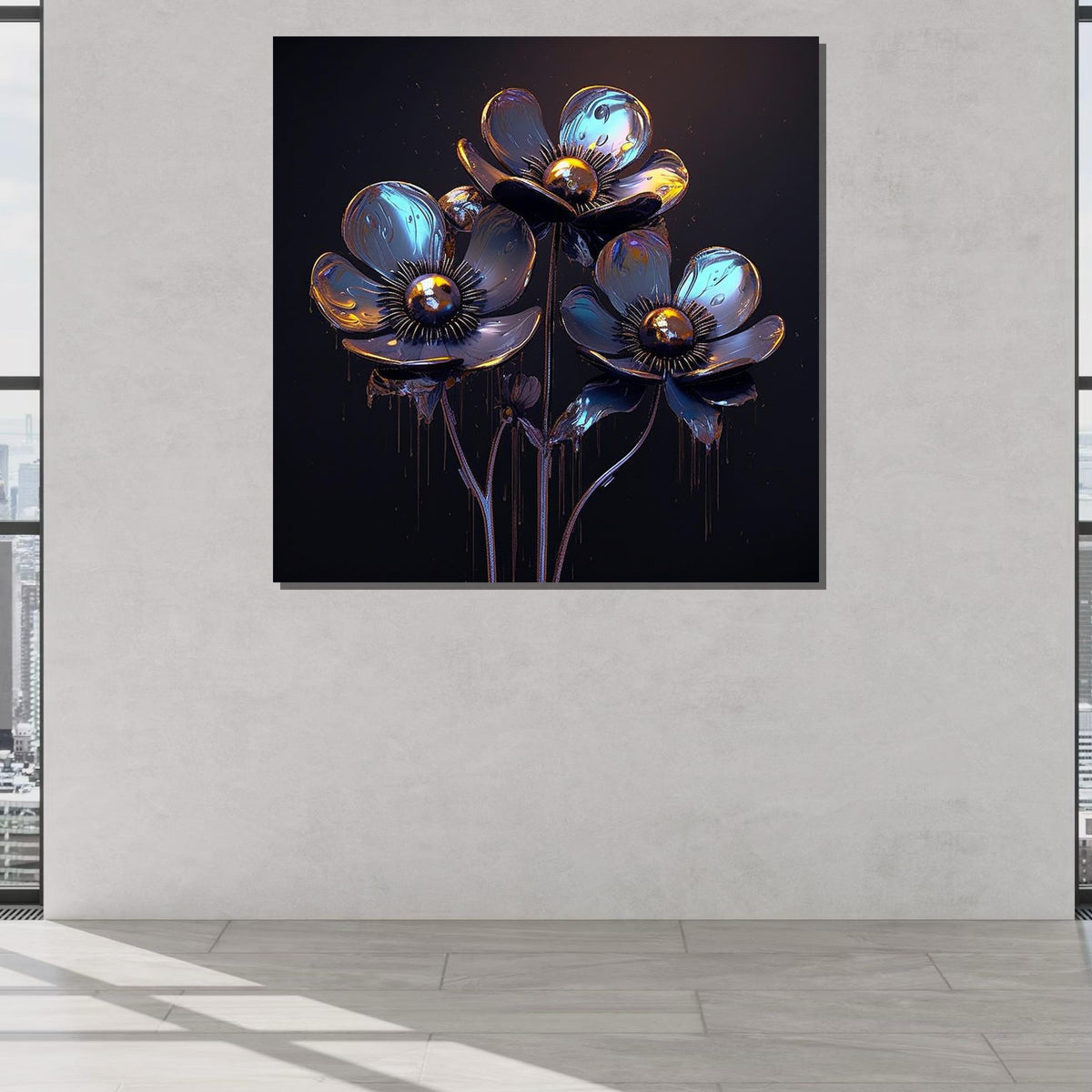 Bloom Art, Futuristic Floral Canvas, Blue and Gold Flower Art Print, Industrial Flower Wall Decor, Ready to Hang, Floral Print