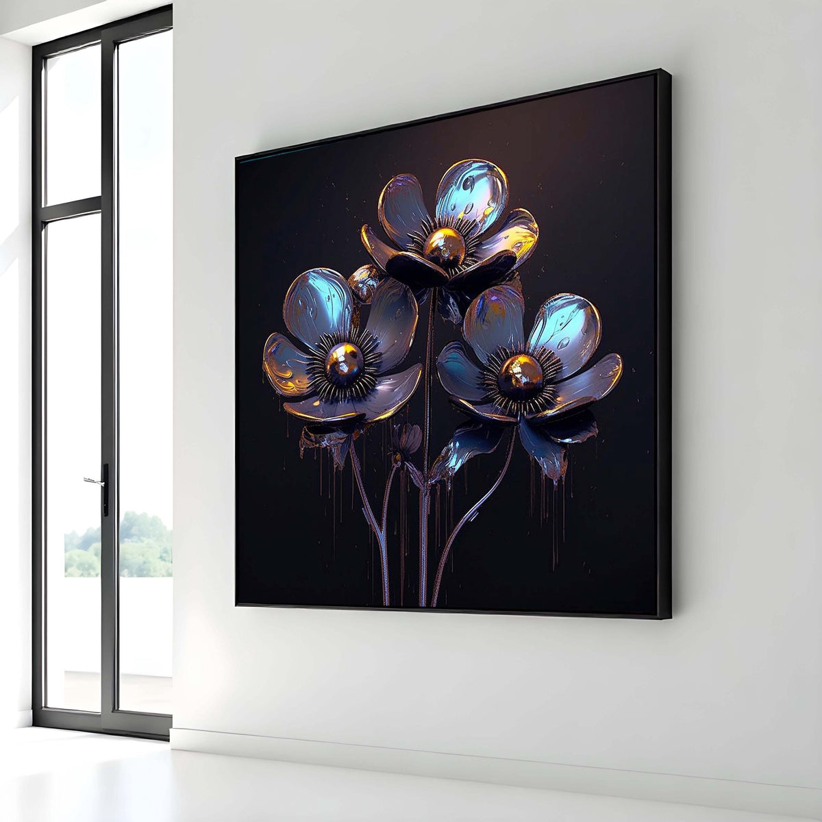 Bloom Art, Futuristic Floral Canvas, Blue and Gold Flower Art Print, Industrial Flower Wall Decor, Ready to Hang, Floral Print