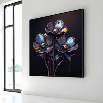 Bloom Art, Futuristic Floral Canvas, Blue and Gold Flower Art Print, Industrial Flower Wall Decor, Ready to Hang, Floral Print