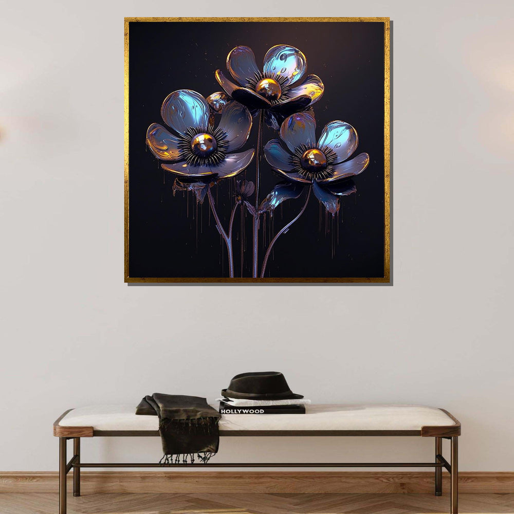 Bloom Art, Futuristic Floral Canvas, Blue and Gold Flower Art Print, Industrial Flower Wall Decor, Ready to Hang, Floral Print