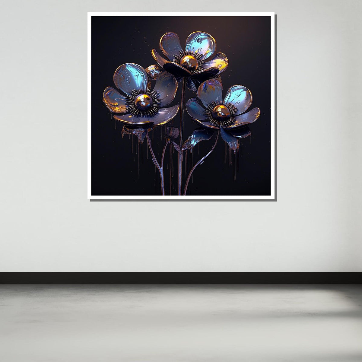 Bloom Art, Futuristic Floral Canvas, Blue and Gold Flower Art Print, Industrial Flower Wall Decor, Ready to Hang, Floral Print