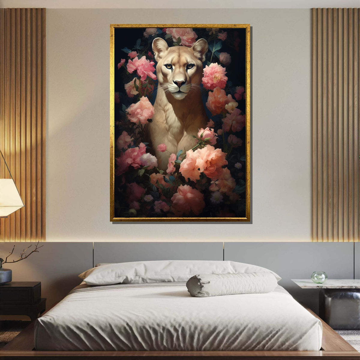 Majestic Lion with Roses Canvas,Elegant Floral Lion Art,Wild Nature Wall Decor, Lion Portrait with Flowers, Regal Animal Print,Ready to Hang