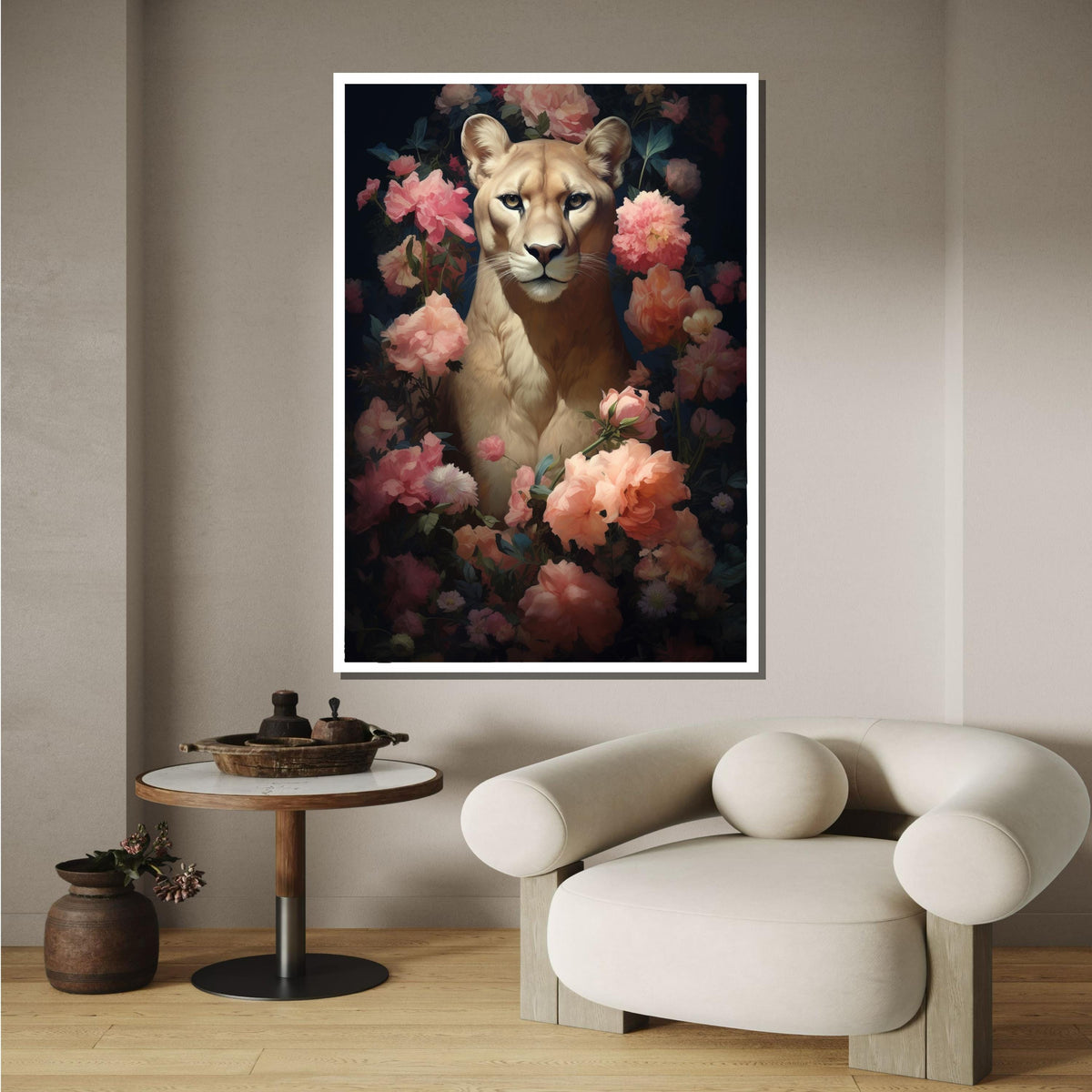 Majestic Lion with Roses Canvas,Elegant Floral Lion Art,Wild Nature Wall Decor, Lion Portrait with Flowers, Regal Animal Print,Ready to Hang