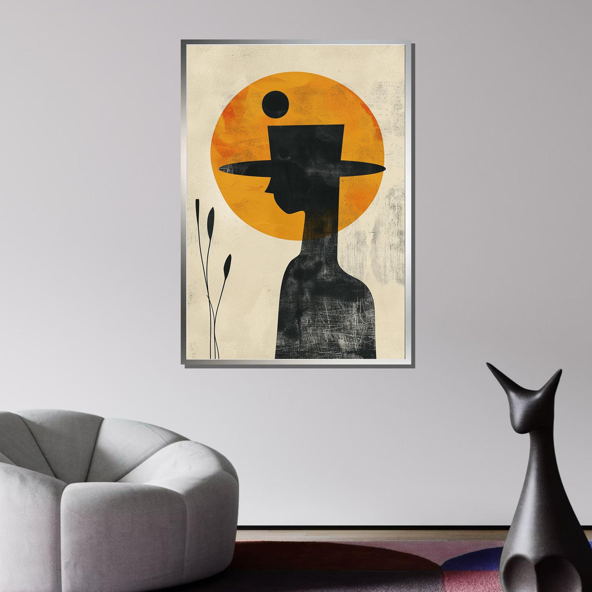 Minimalist Cowboy Art, Abstract Silhouette Canvas, Modern Western Wall Decor, Yellow Sun Cowboy Print, Ready to Hang,Large Art