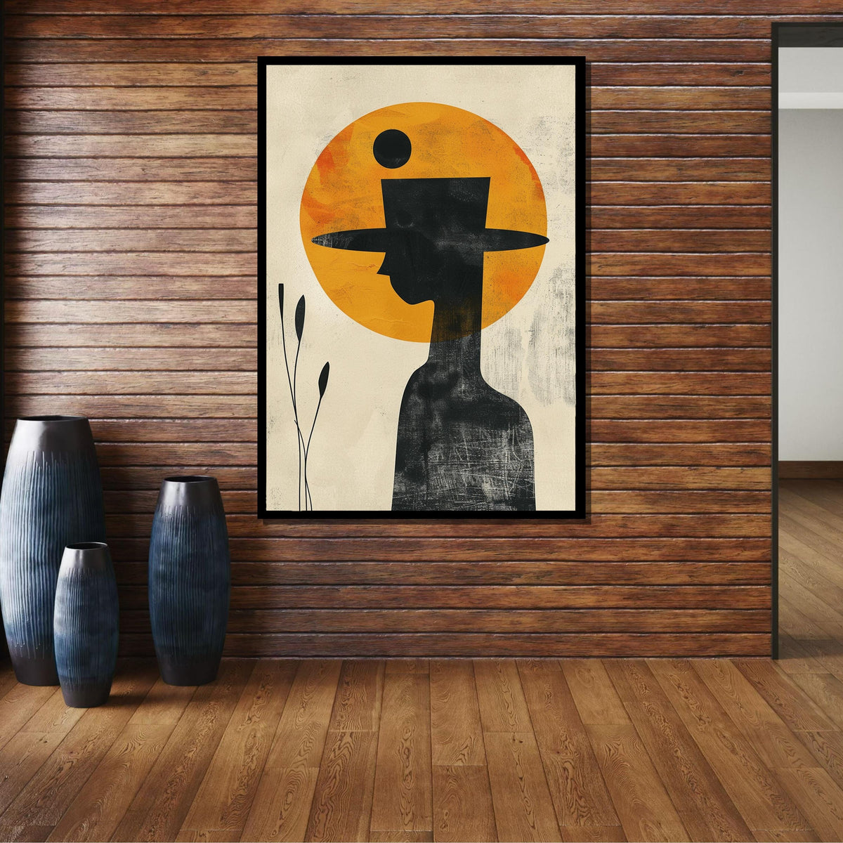 Minimalist Cowboy Art, Abstract Silhouette Canvas, Modern Western Wall Decor, Yellow Sun Cowboy Print, Ready to Hang,Large Art