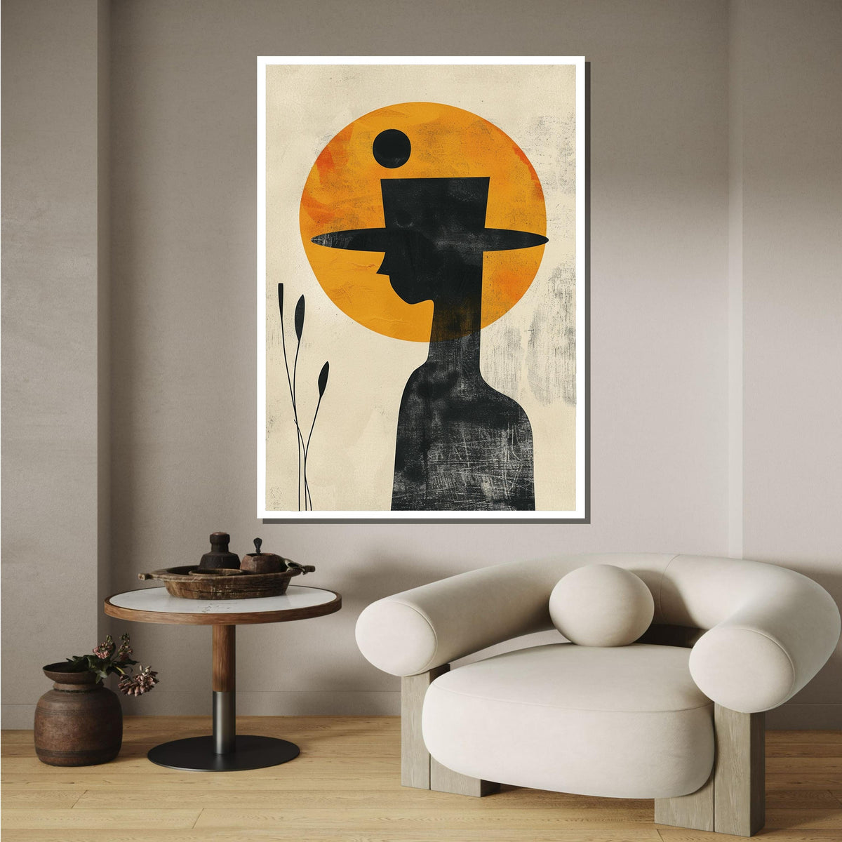 Minimalist Cowboy Art, Abstract Silhouette Canvas, Modern Western Wall Decor, Yellow Sun Cowboy Print, Ready to Hang,Large Art