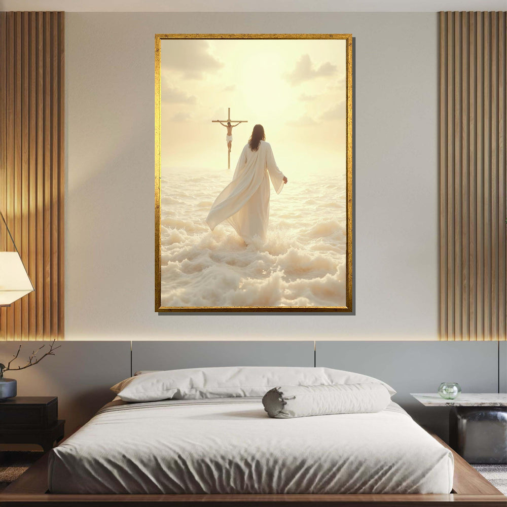 Divine Walk Canvas Art, Jesus Wall Art,Jesus and Cross Wall Art,Spiritual Christian Decor,Religious Sunset Print,Ready to Hang,Ready to Hang
