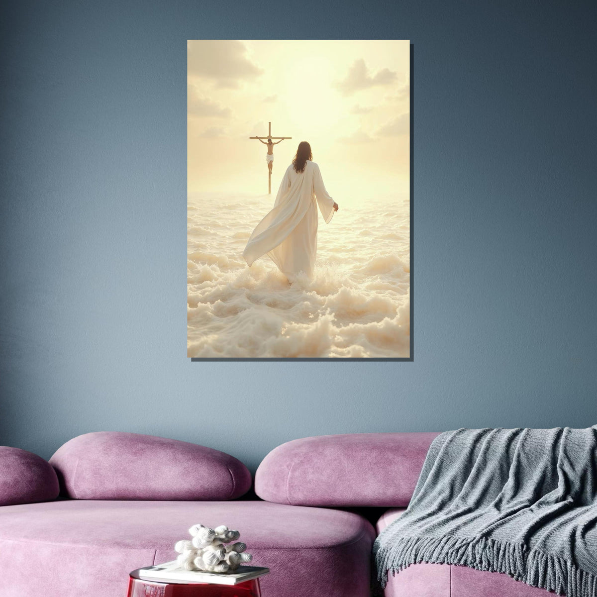 Divine Walk Canvas Art, Jesus Wall Art,Jesus and Cross Wall Art,Spiritual Christian Decor,Religious Sunset Print,Ready to Hang,Ready to Hang