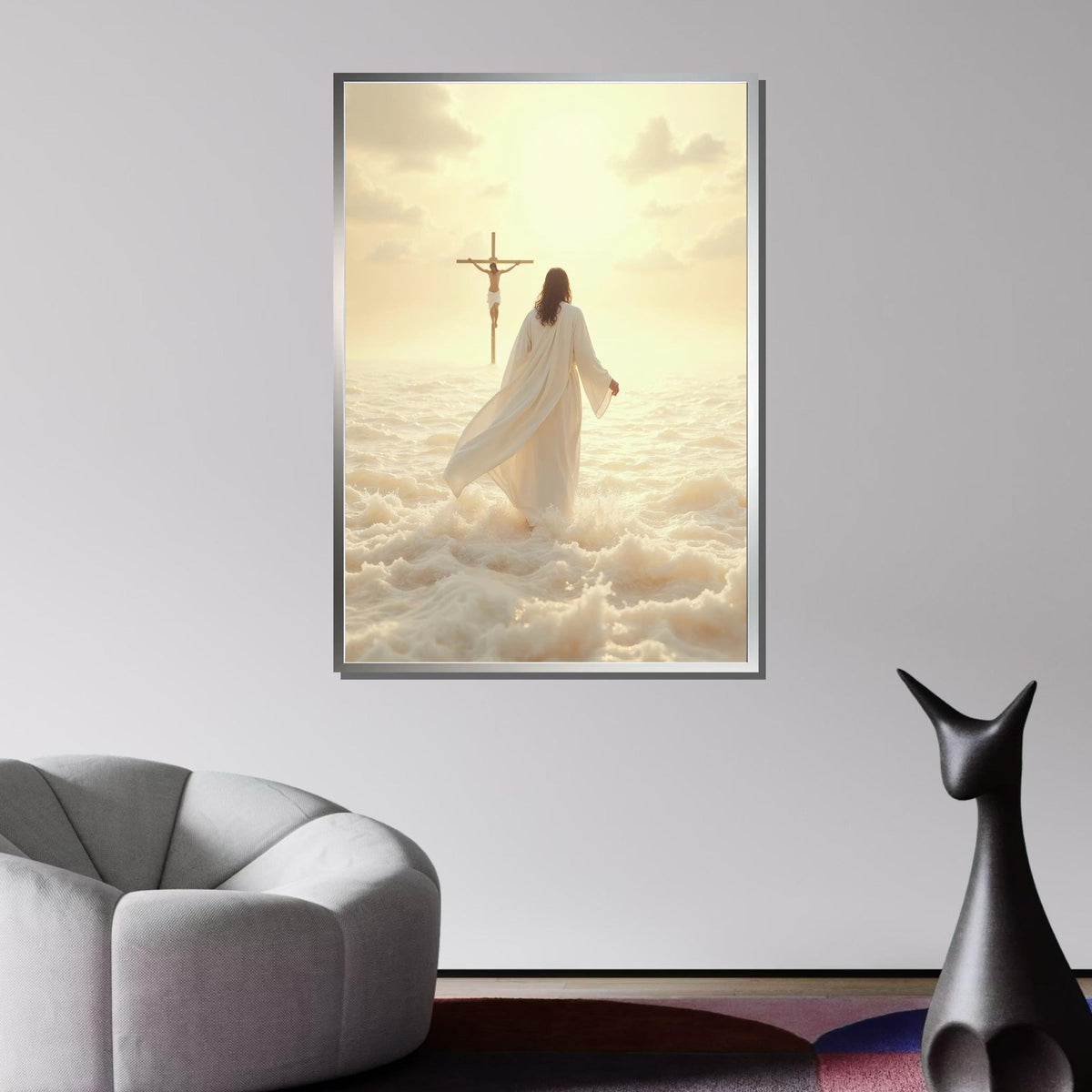 Divine Walk Canvas Art, Jesus Wall Art,Jesus and Cross Wall Art,Spiritual Christian Decor,Religious Sunset Print,Ready to Hang,Ready to Hang