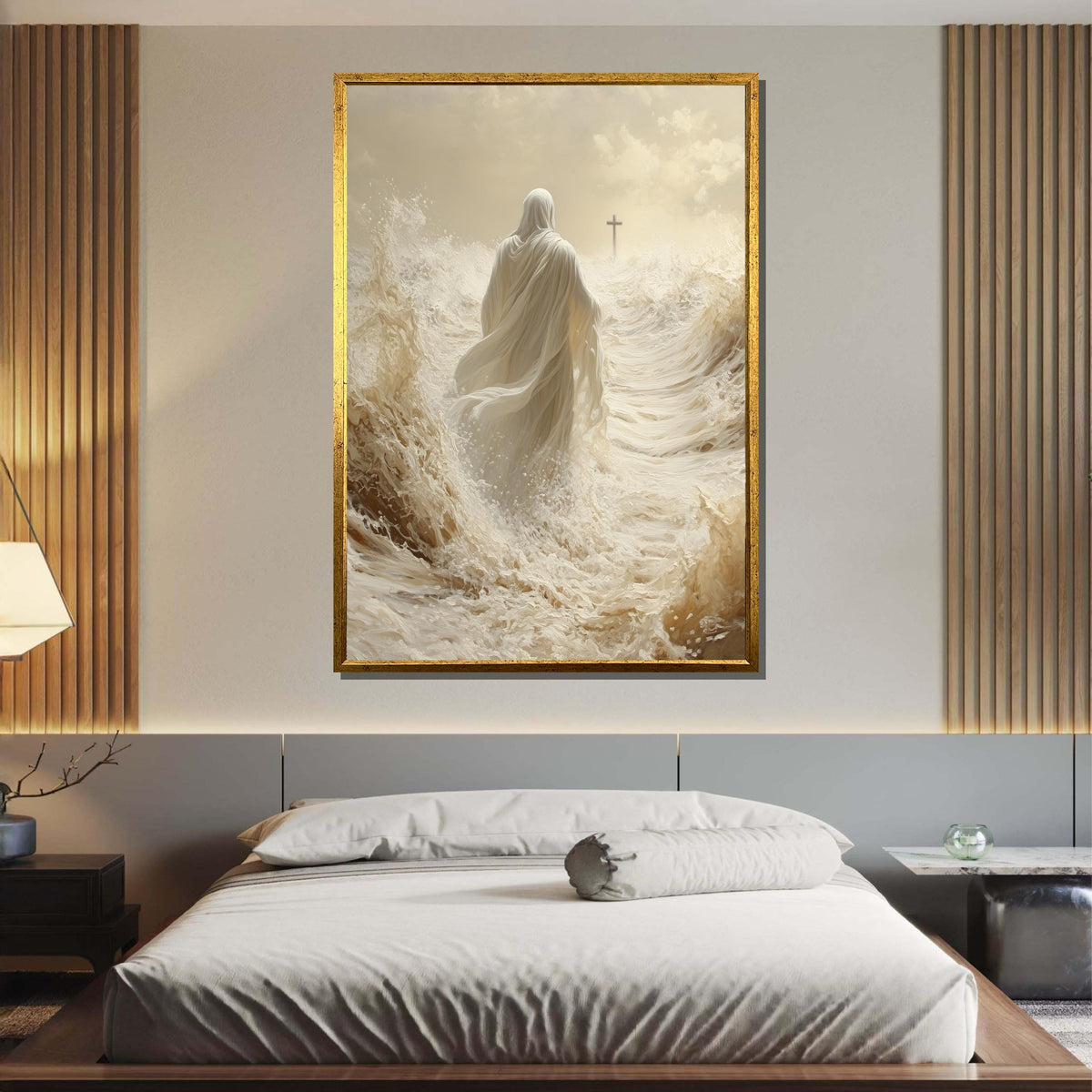 Path of Faith Canvas Art, Jesus Walking Through Waves, Christian Spiritual Wall Decor, Divine Peace Artwork, Ready to Hang