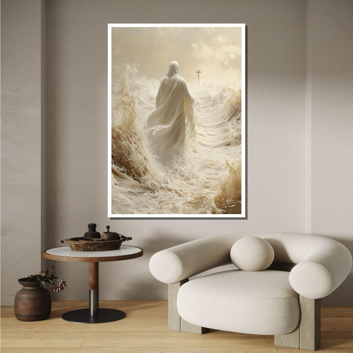 Path of Faith Canvas Art, Jesus Walking Through Waves, Christian Spiritual Wall Decor, Divine Peace Artwork, Ready to Hang