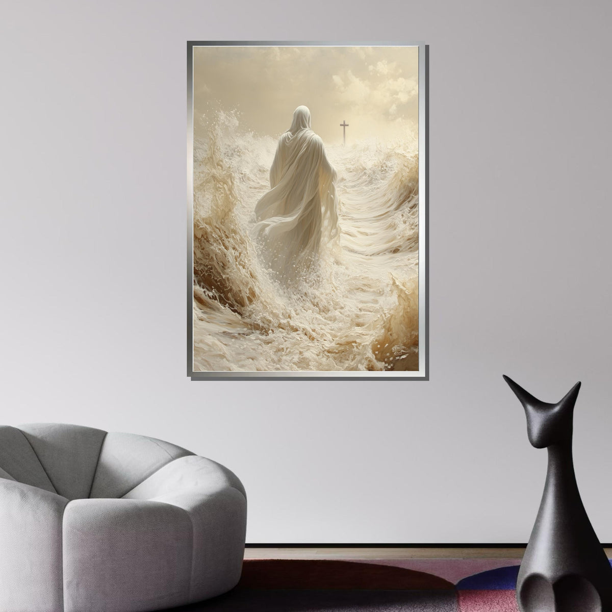 Path of Faith Canvas Art, Jesus Walking Through Waves, Christian Spiritual Wall Decor, Divine Peace Artwork, Ready to Hang