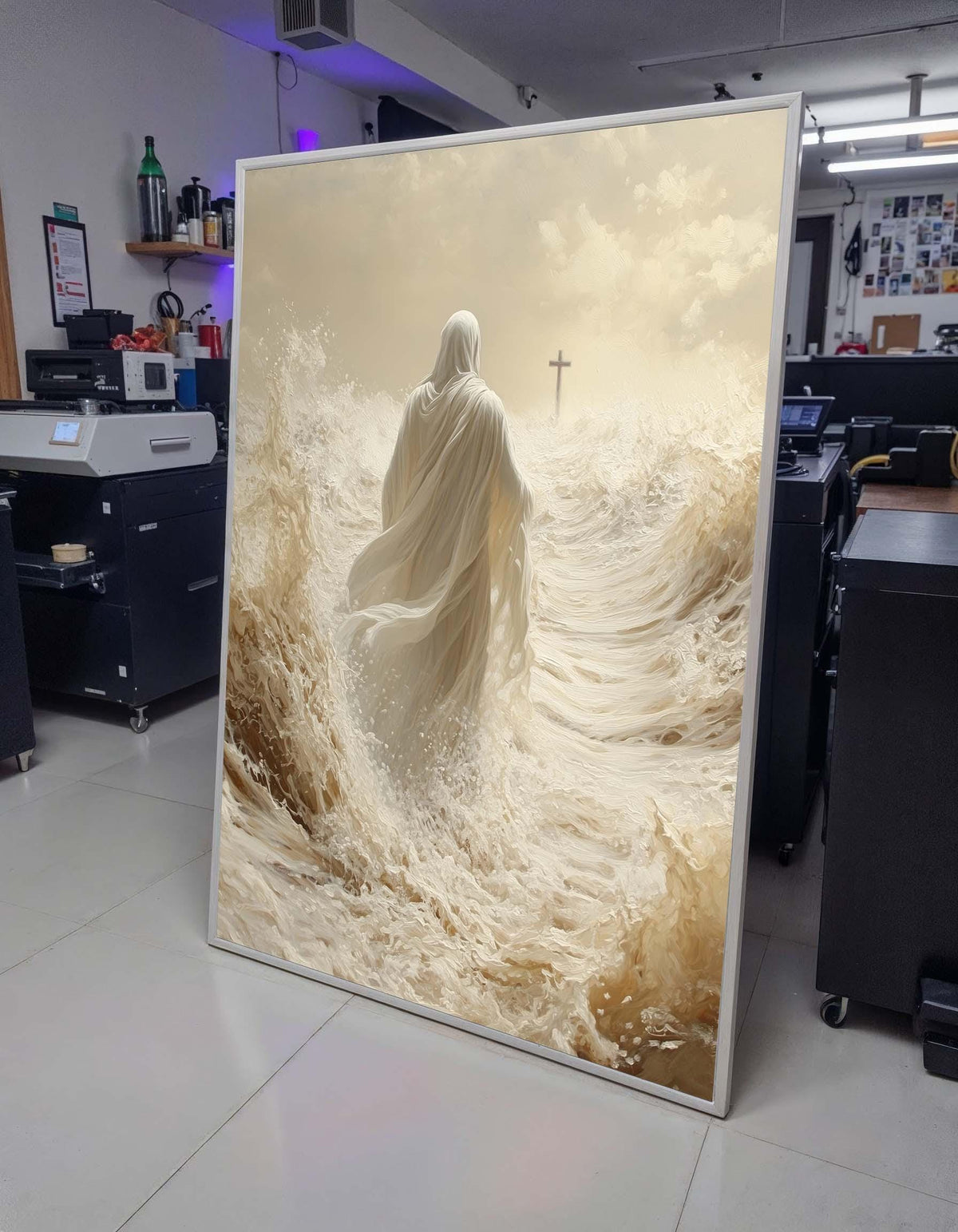 Path of Faith Canvas Art, Jesus Walking Through Waves, Christian Spiritual Wall Decor, Divine Peace Artwork, Ready to Hang