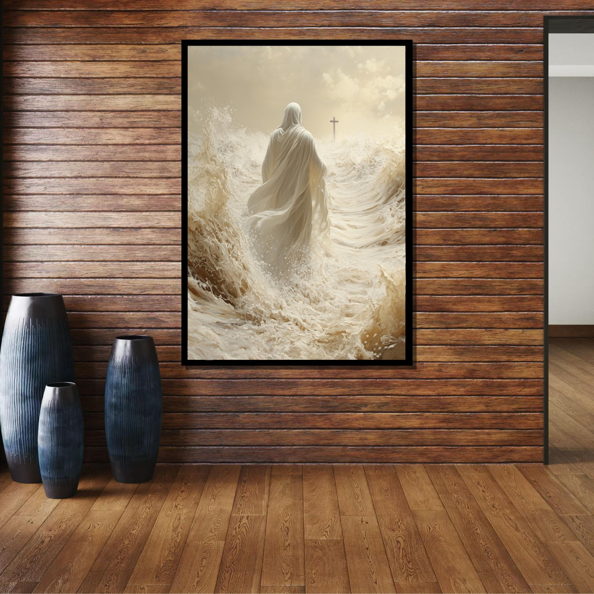 Path of Faith Canvas Art, Jesus Walking Through Waves, Christian Spiritual Wall Decor, Divine Peace Artwork, Ready to Hang