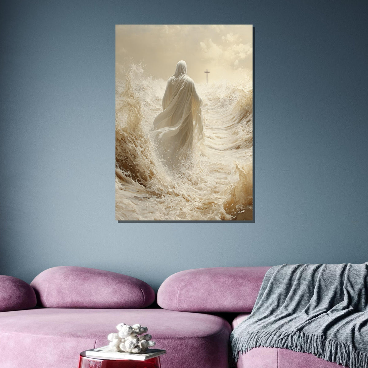 Path of Faith Canvas Art, Jesus Walking Through Waves, Christian Spiritual Wall Decor, Divine Peace Artwork, Ready to Hang