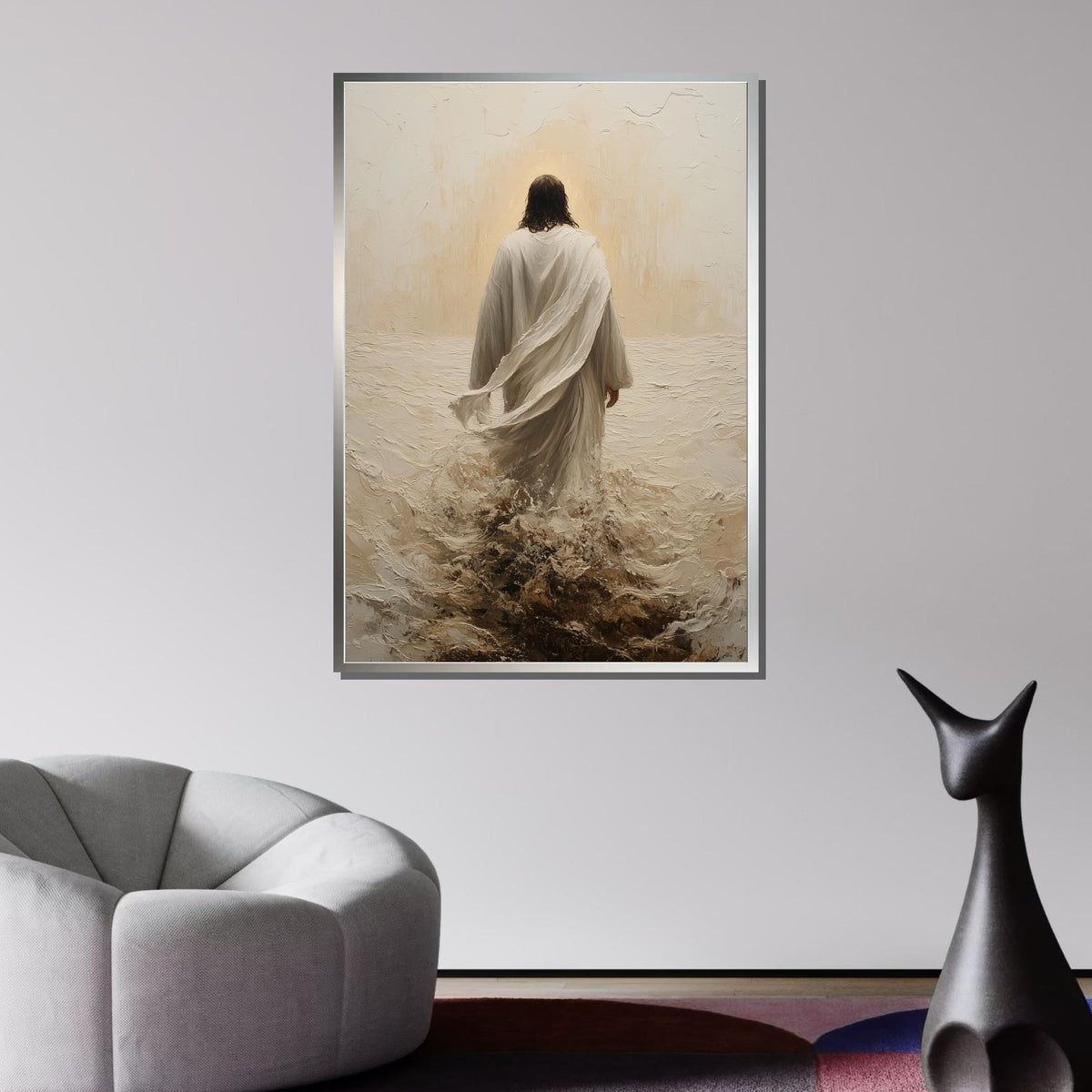 Path of Faith Canvas Art, Jesus Walking Through Waves, Christian Spiritual Wall Decor, Divine Peace Artwork, Ready to Hang
