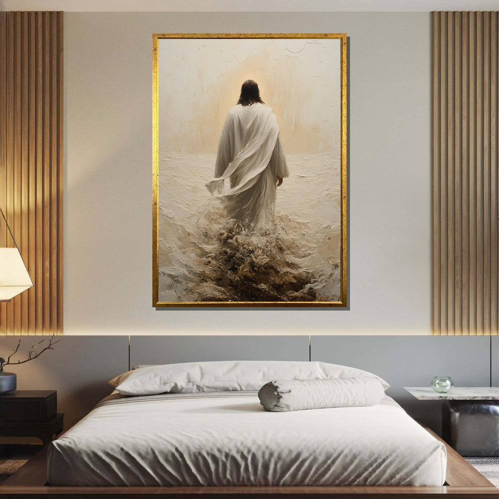 Path of Faith Canvas Art, Jesus Walking Through Waves, Christian Spiritual Wall Decor, Divine Peace Artwork, Ready to Hang